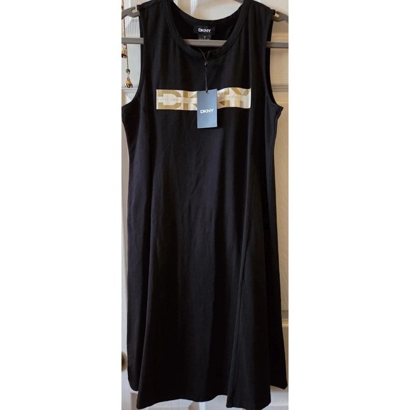 GOLD LOGO NWT Women's DKNY Black Crew Neck Tank Midi Dress w/ Logo, size small - Picture 2 of 3